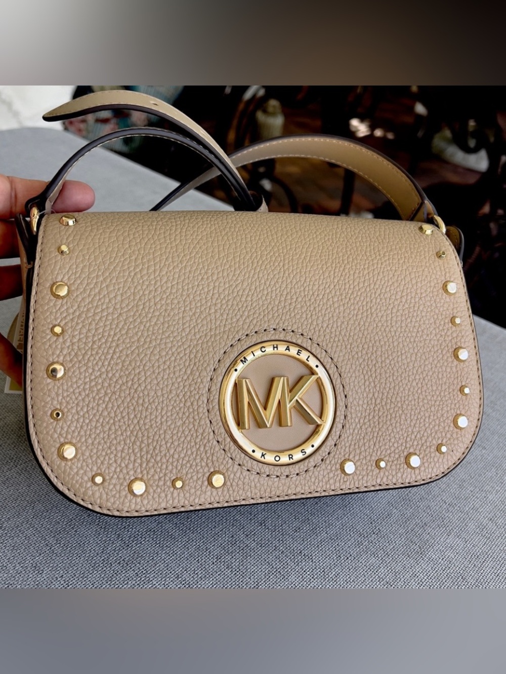MICHAEL KORS Samira small flap messenger leather camel crossbody bag